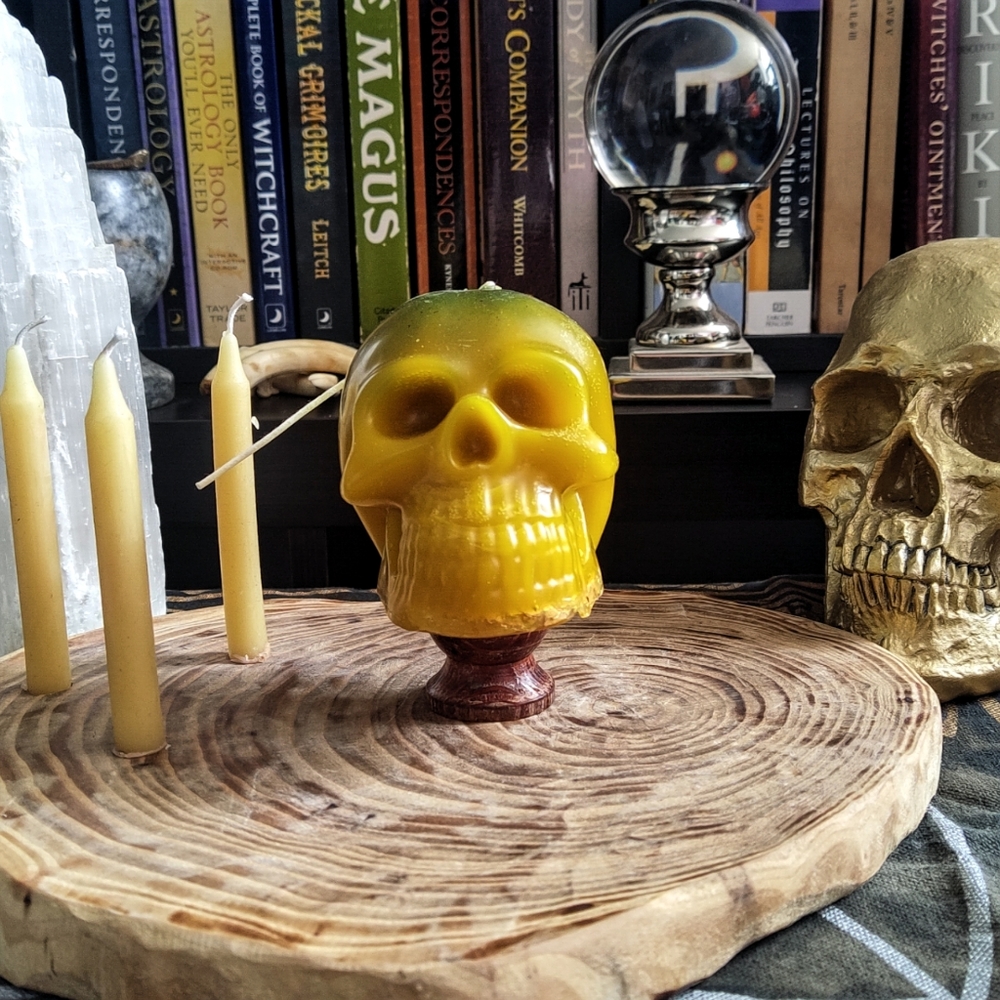 Handmade Two-Tone Green and Yellow Skull Candle